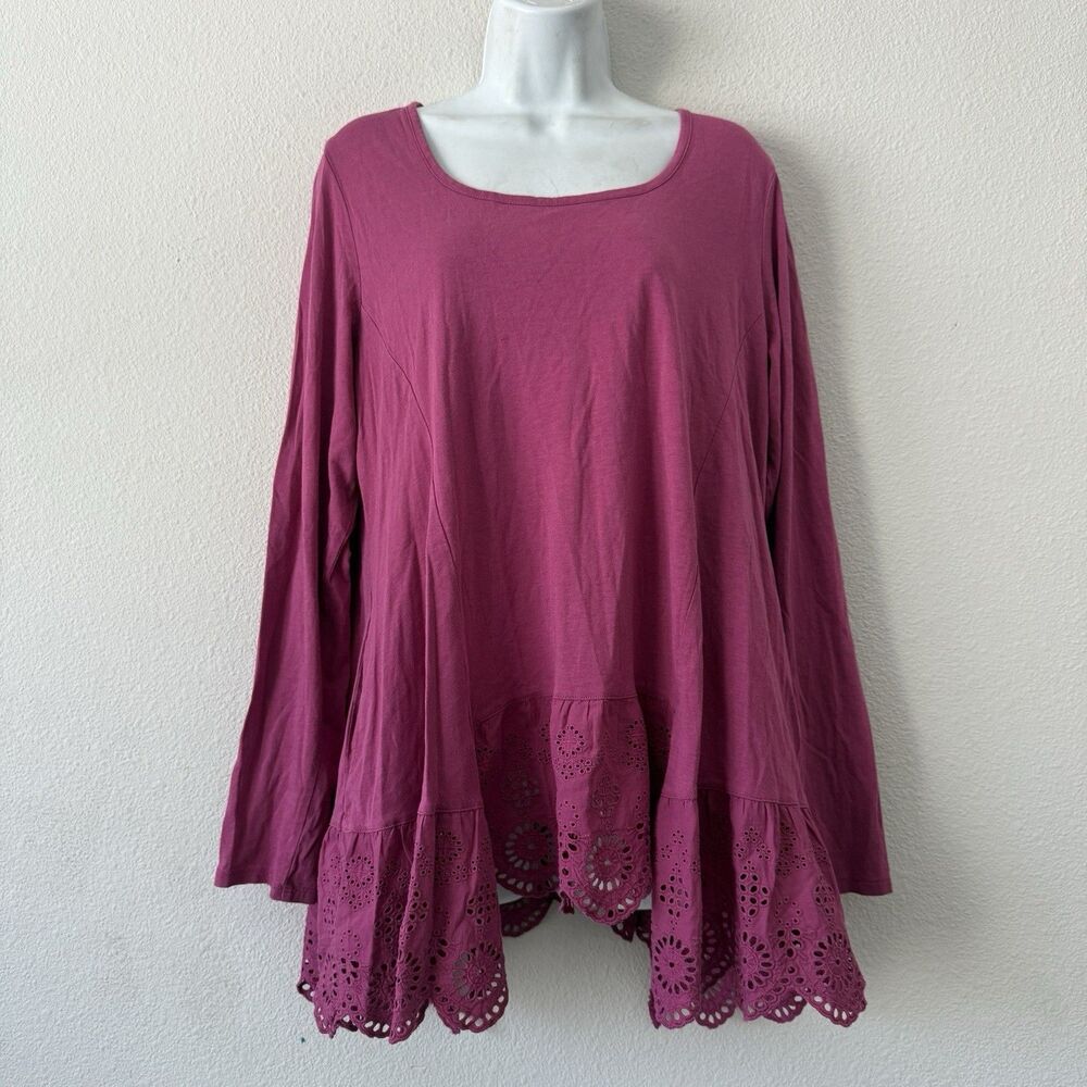 LOGO by Lori Goldstein Magenta Tunic Top Long Sleeve Eyelet Lace Ruffle Hem L